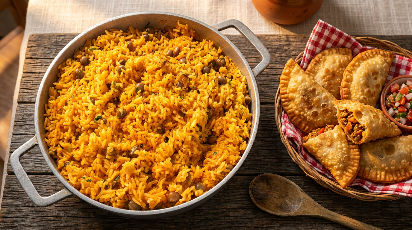 Golden Puerto Rican empanadillas in a basket with a bowl of yellow rice from Sully's Kitchen