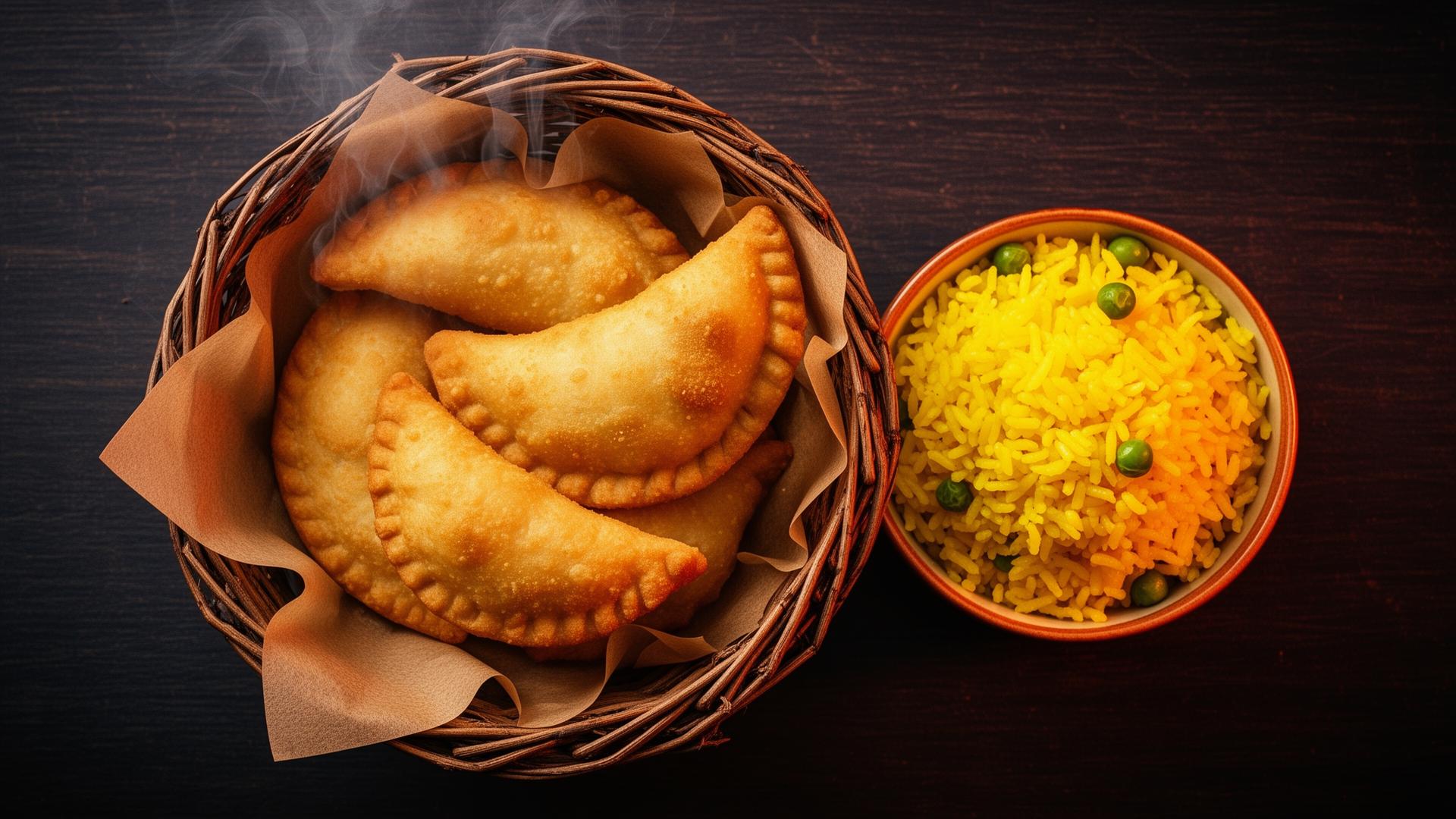 Golden Puerto Rican empanadillas in a basket with a bowl of yellow rice from Sully's Kitchen