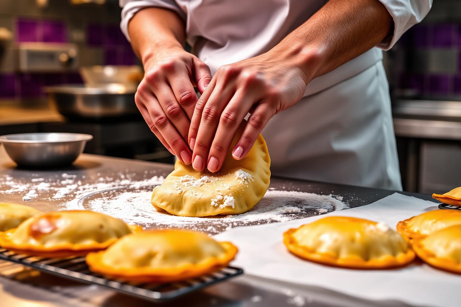 Chef hand-folding fresh Puerto Rican empanadillas at Sully's Kitchen in Cleveland